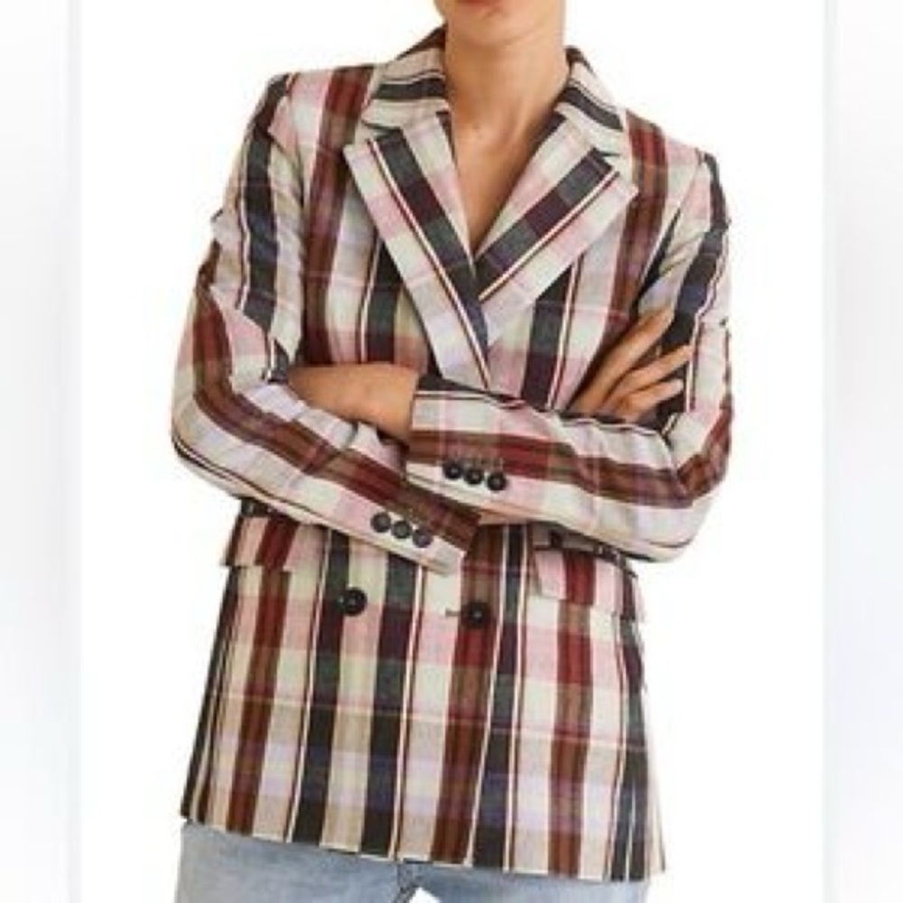 Mango Sz M Linen Blend Plaid Relaxed Double Breasted Colorful Academia Blazer
